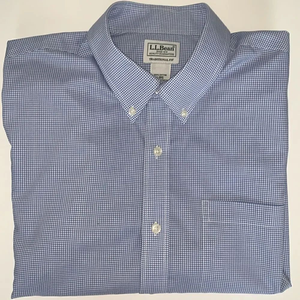 L.L.Bean Traditional Fit Cotton Plaid Blue White Short Sleeve Men’s Shirt Size L